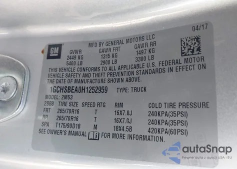 2017 Chevrolet Colorado Wt z USA, uszkodzony, nr VIN 1GCHSBEA0H1252959